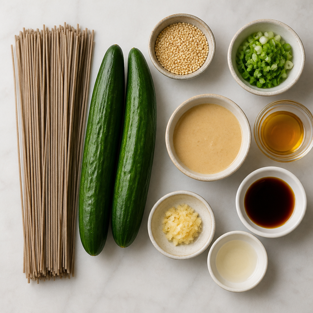 Overhead flat-lay of all ingredients for Chilled Sesame Cucumber Soba laid out on a kitchen surface.