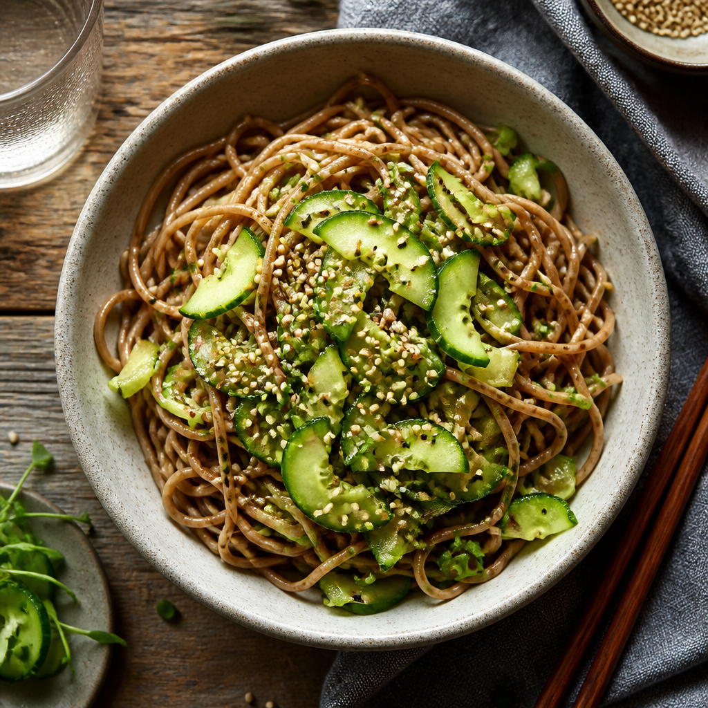 Chilled Sesame Cucumber Soba — Japanese Lunch served and photographed from above