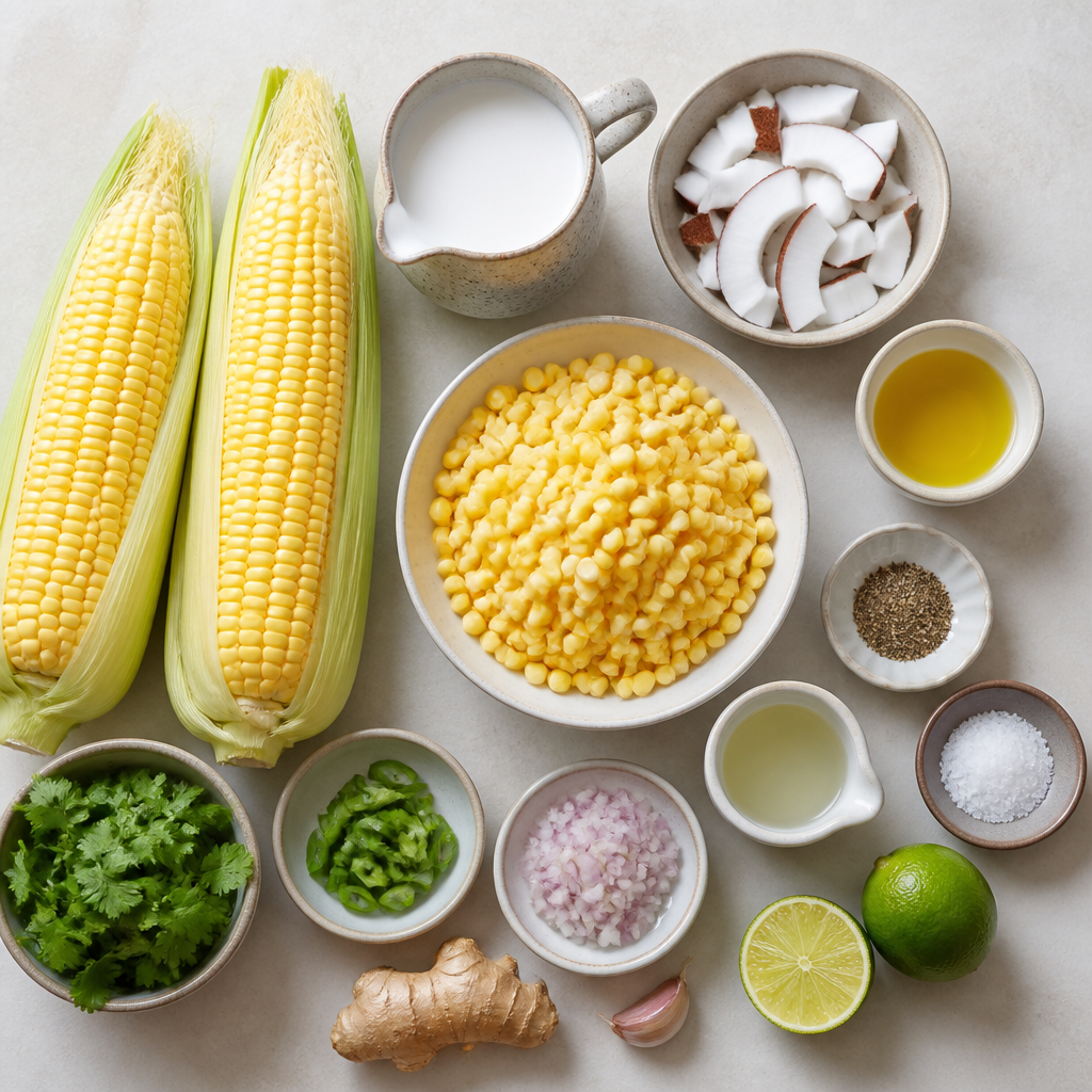 Overhead flat-lay of all ingredients for Chilled Sweet Corn and Coconut Soup laid out on a kitchen surface.