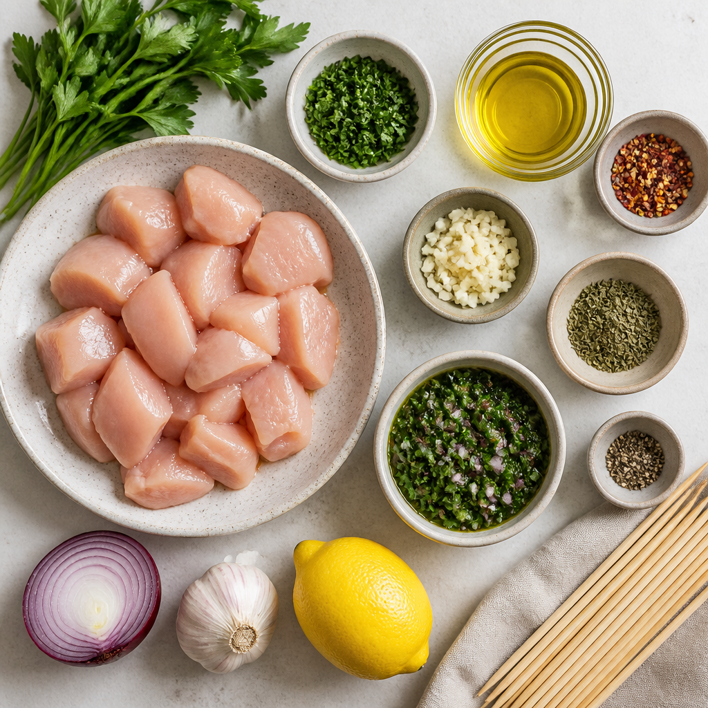 Overhead flat-lay of all ingredients for Chimichurri Marinated Chicken Skewers laid out on a kitchen surface.