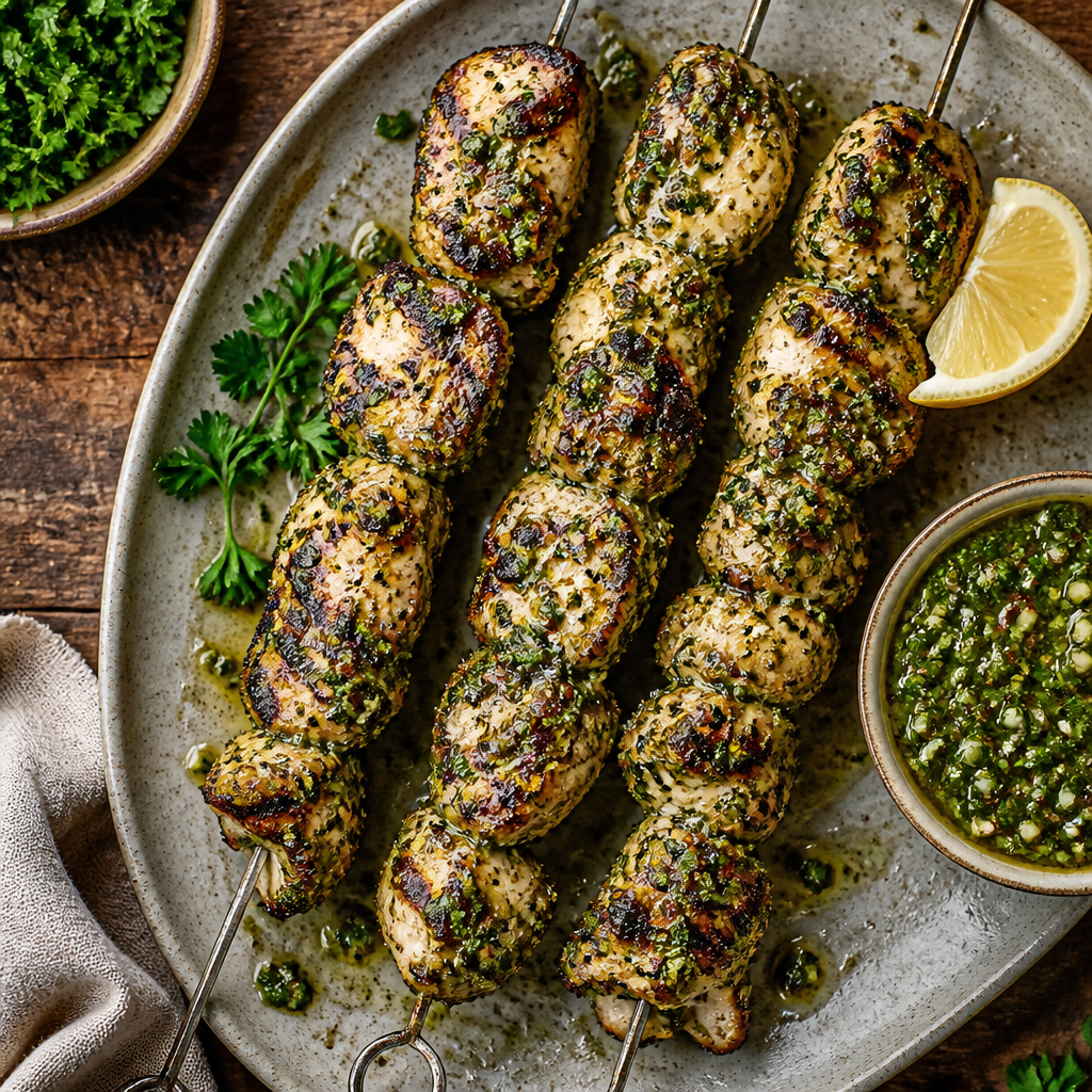 Chimichurri Marinated Chicken Skewers — Argentine Dinner served and photographed from above