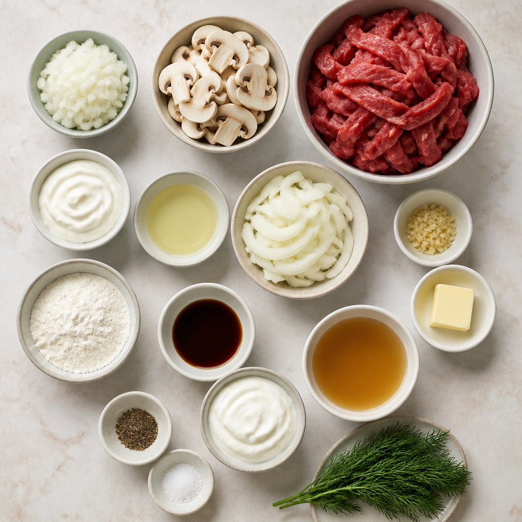 Overhead flat-lay of all ingredients for Classic Beef Stroganoff with Smetana and Fresh Dill laid out on a kitchen surface.
