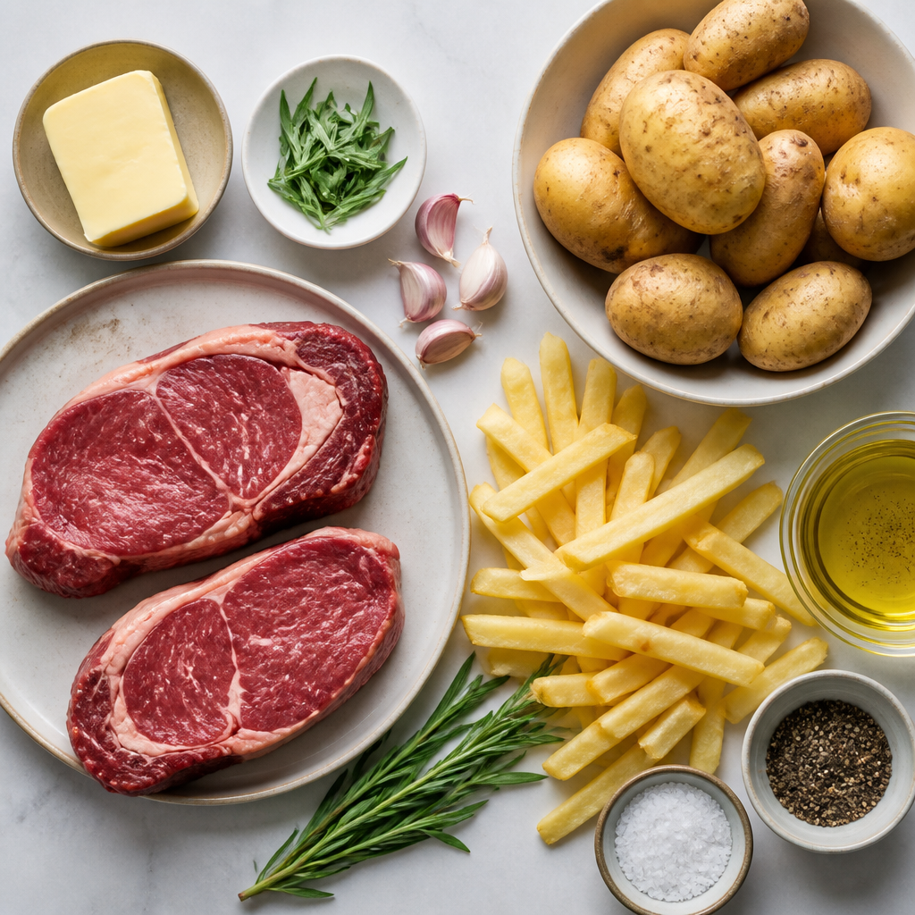 Overhead flat-lay of all ingredients for Classic Bistro Steak Frites with Tarragon Butter laid out on a kitchen surface.