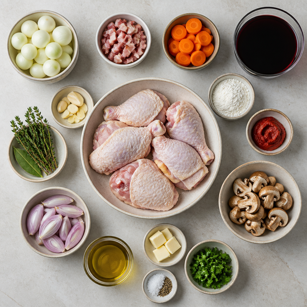 Overhead flat-lay of all ingredients for Classic Coq au Vin with Red Wine and Pearl Onions laid out on a kitchen surface.