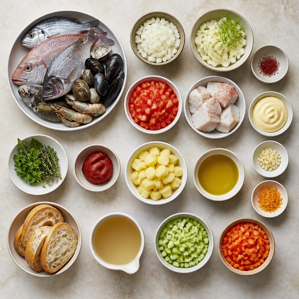 Overhead flat-lay of all ingredients for Classic French Bouillabaisse with Garlic Rouille laid out on a kitchen surface.
