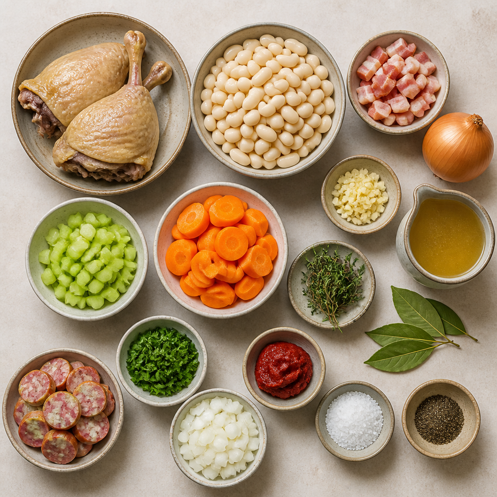 Overhead flat-lay of all ingredients for Classic French Cassoulet with Duck Confit and White Beans laid out on a kitchen surface.