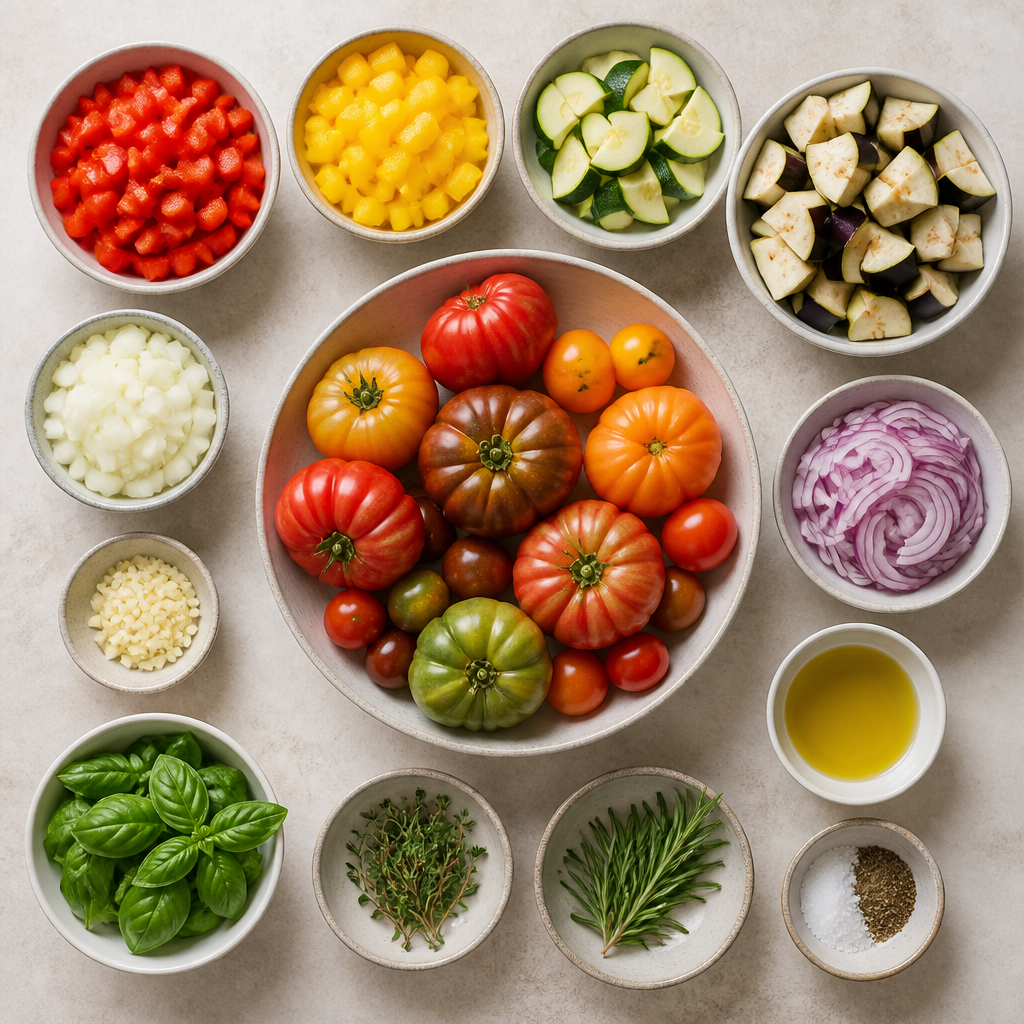 Overhead flat-lay of all ingredients for Classic French Ratatouille Recipe with Heirloom Tomatoes laid out on a kitchen surface.