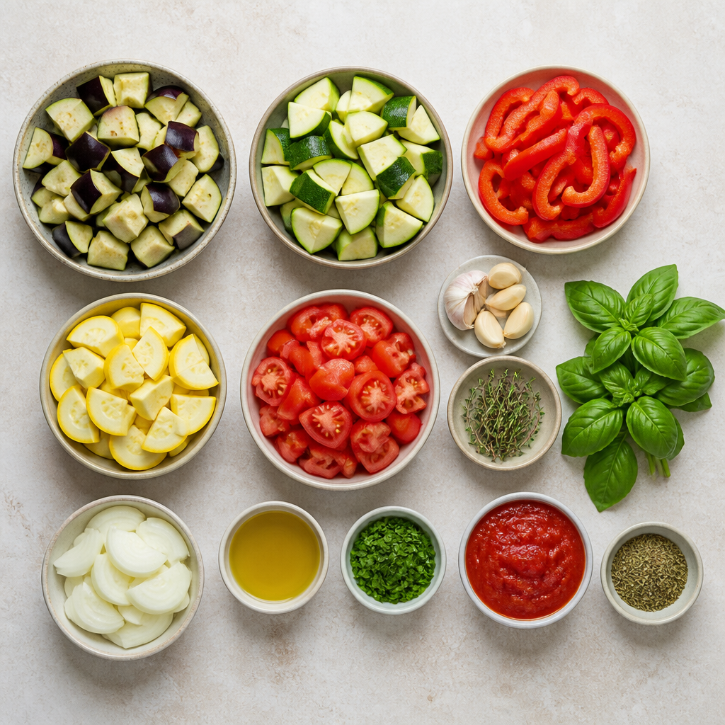 Overhead flat-lay of all ingredients for Classic French Ratatouille Recipe with Herb Tomato Sauce laid out on a kitchen surface.