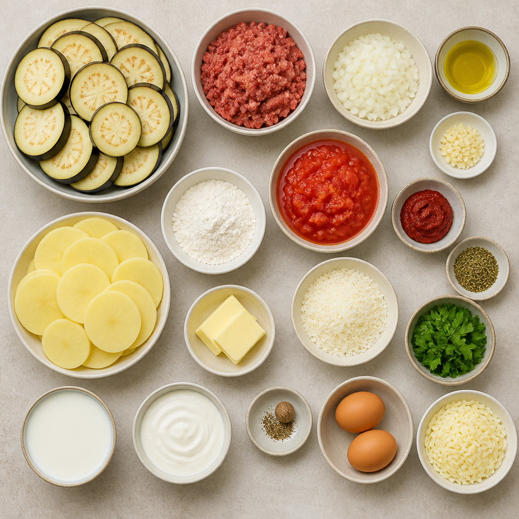 Overhead flat-lay of all ingredients for Classic Greek Moussaka Recipe with Eggplant and Bechamel laid out on a kitchen surface.