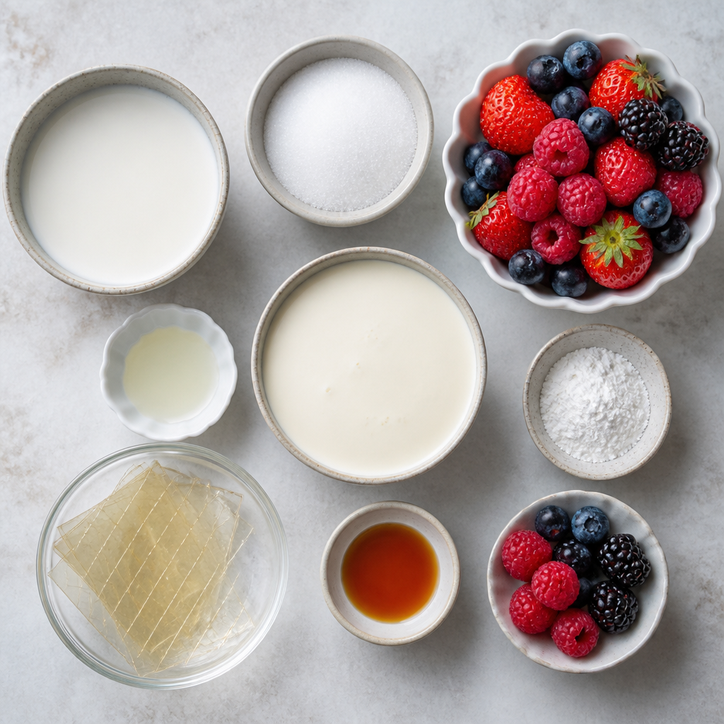 Overhead flat-lay of all ingredients for Classic Panna Cotta Recipe with Fresh Berry Coulis laid out on a kitchen surface.