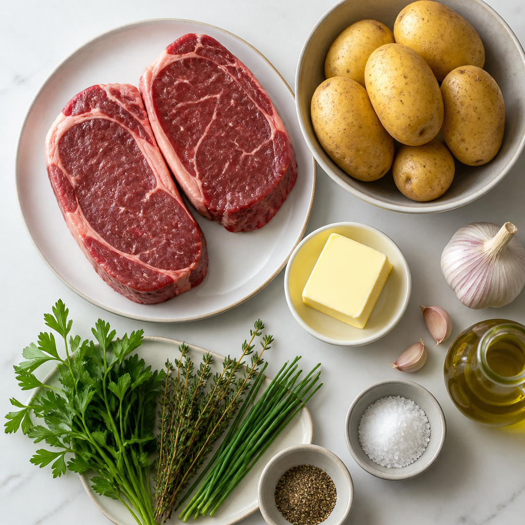 Overhead flat-lay of all ingredients for Classic Steak Frites with Herb Butter laid out on a kitchen surface.