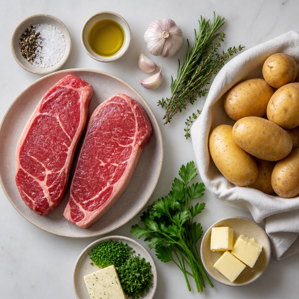 Overhead flat-lay of all ingredients for Classic Steak Frites with Herb Butter laid out on a kitchen surface.