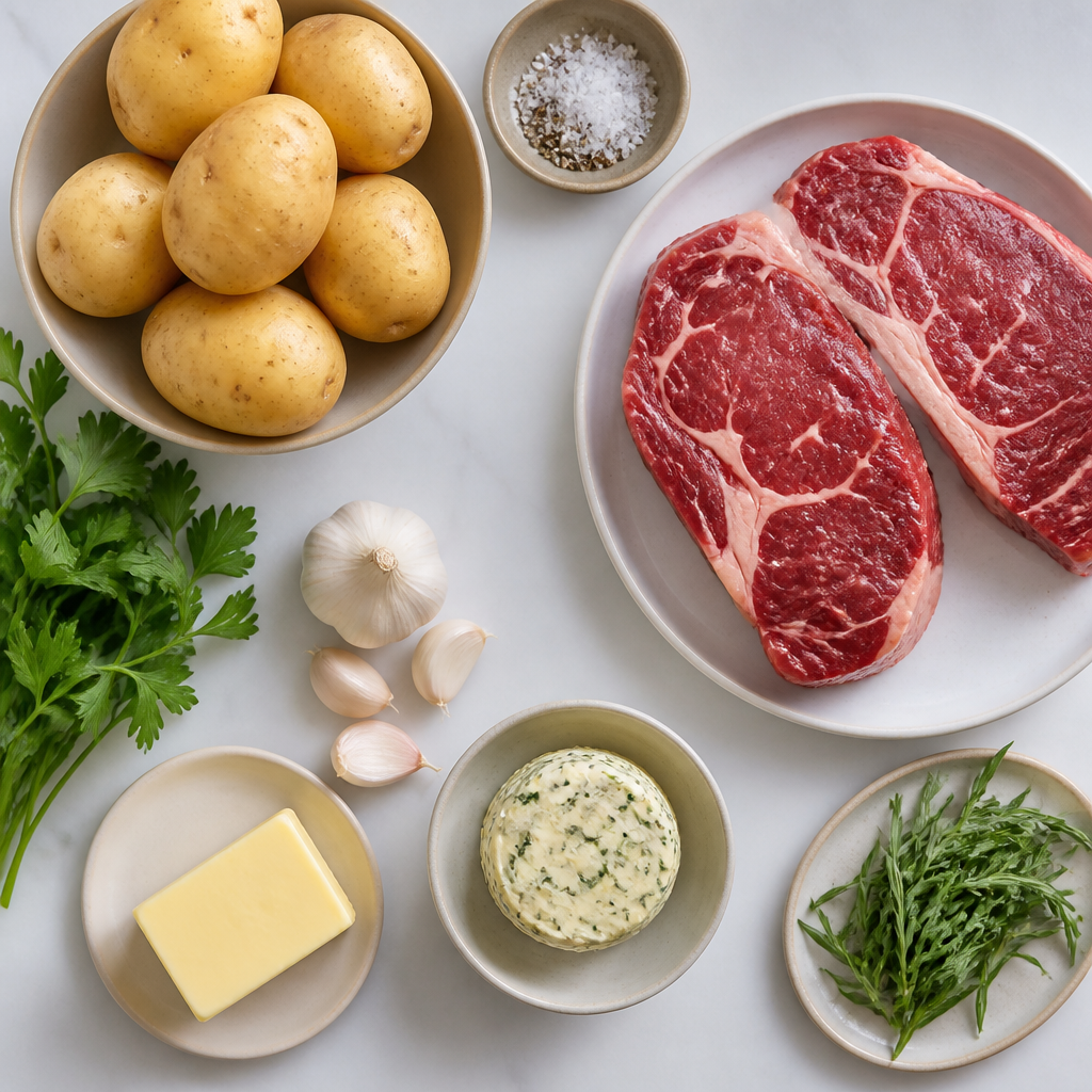 Overhead flat-lay of all ingredients for Classic Steak Frites with Maître d'Hôtel Butter laid out on a kitchen surface.