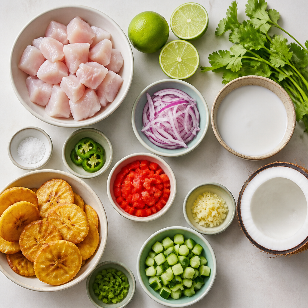 Overhead flat-lay of all ingredients for Coconut Lime Ceviche with Crispy Plantain Chips laid out on a kitchen surface.