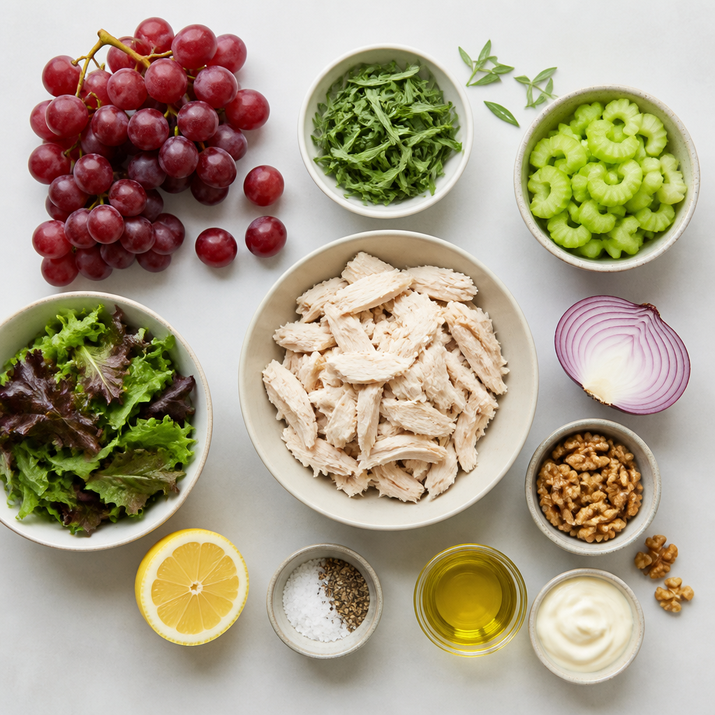 Overhead flat-lay of all ingredients for Cold Chicken Salad With Grapes and Tarragon laid out on a kitchen surface.