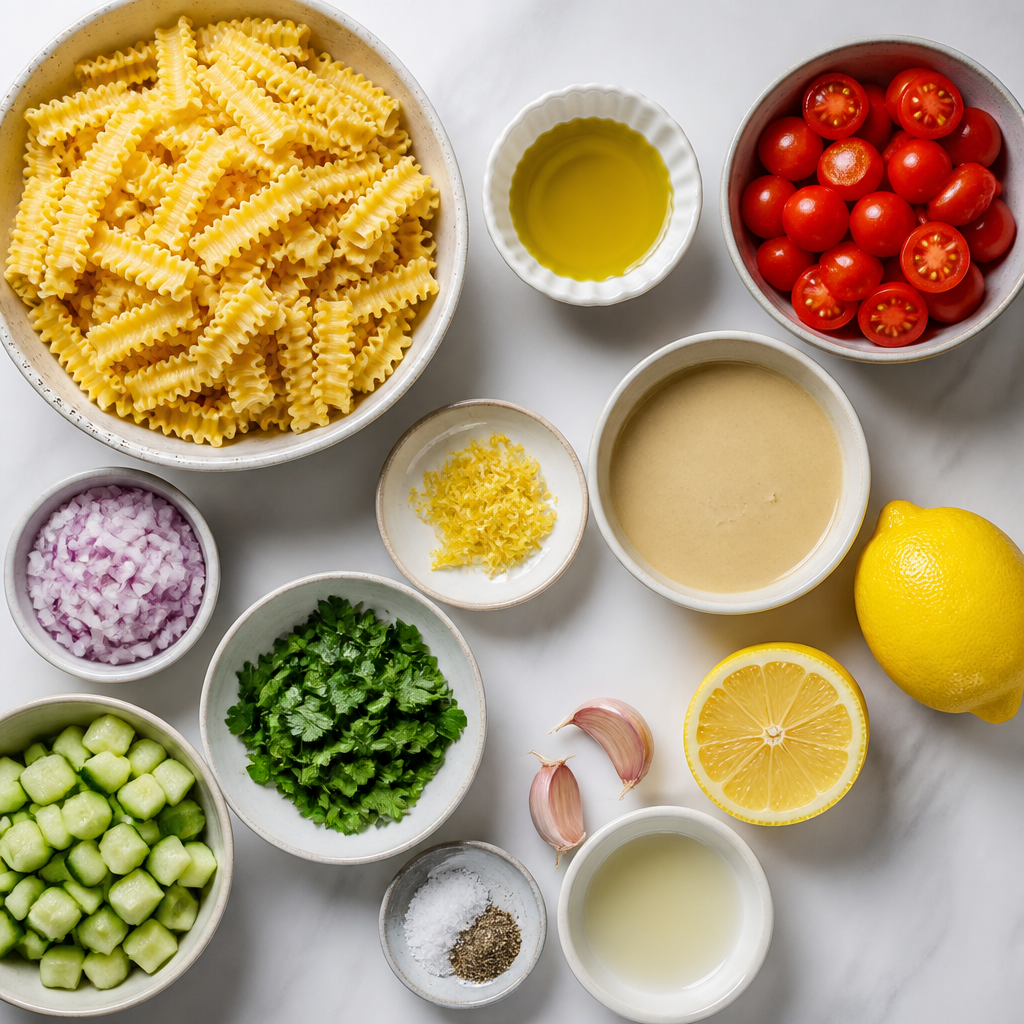 Overhead flat-lay of all ingredients for Cold Pasta Recipe With Lemon Tahini Sauce laid out on a kitchen surface.
