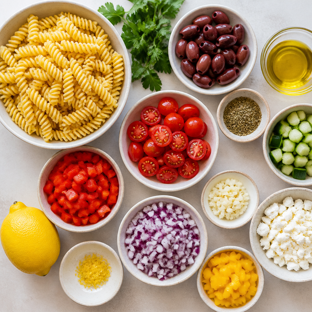 Overhead flat-lay of all ingredients for Cold Pasta Salad With Pitted Kalamatas laid out on a kitchen surface.
