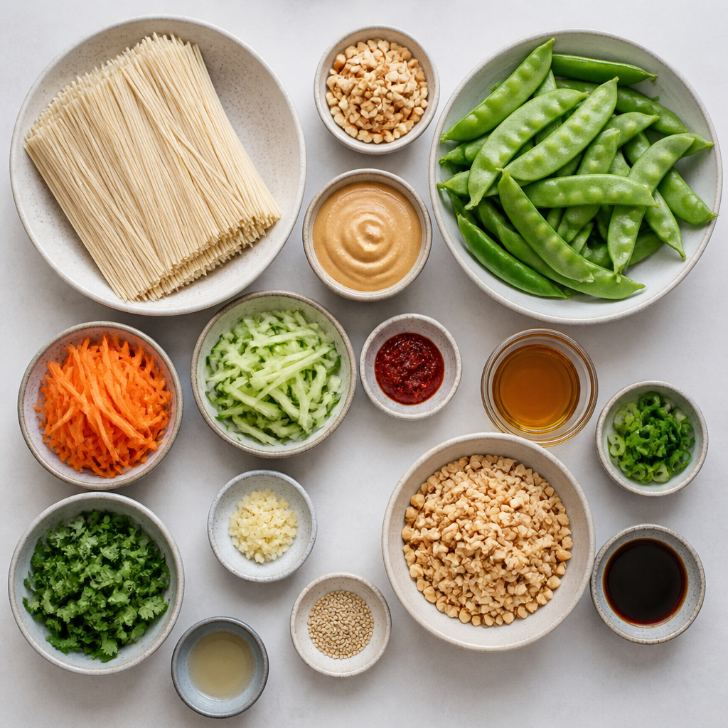 Overhead flat-lay of all ingredients for Cold Peanut Noodles With Crunchy Snap Peas laid out on a kitchen surface.