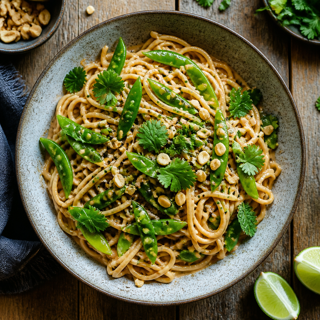 Cold Peanut Noodles With Crunchy Snap Peas — Asian-Fusion Dinner served and photographed from above