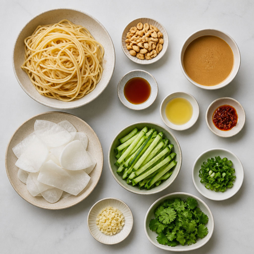 Overhead flat-lay of all ingredients for Cold Peanut Pasta With Shaved Radish And Cucumber laid out on a kitchen surface.