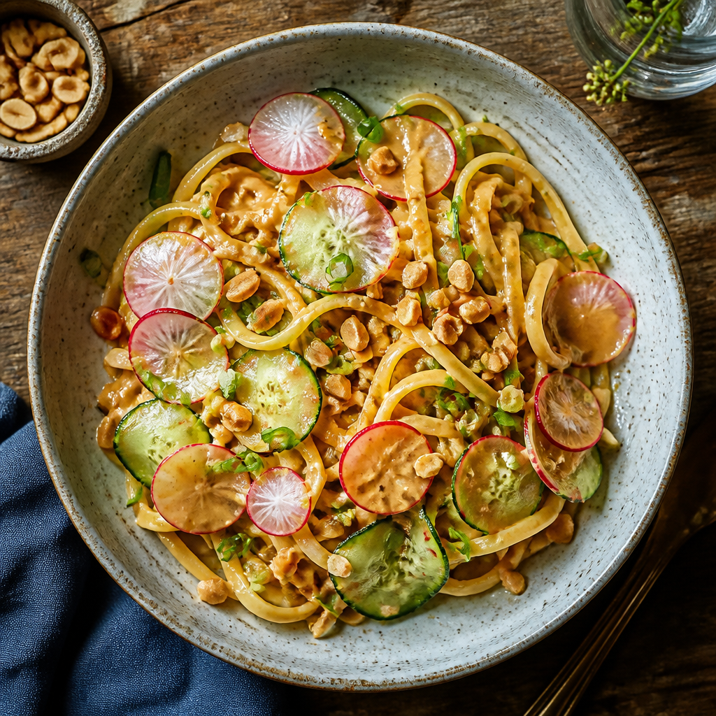 Cold Peanut Pasta With Shaved Radish And Cucumber — Asian-Fusion Dinner served and photographed from above