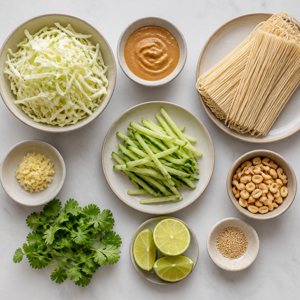 Overhead flat-lay of all ingredients for Cold Peanut Ramen With Shaved Cabbage And Lime laid out on a kitchen surface.