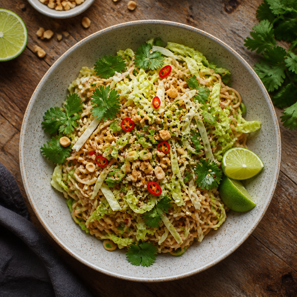 Cold Peanut Ramen With Shaved Cabbage And Lime — Fusion Dinner served and photographed from above