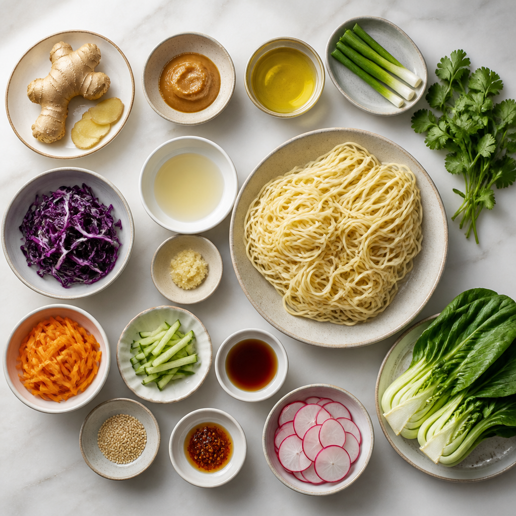 Overhead flat-lay of all ingredients for Cold Ramen With Ginger Miso Vinaigrette laid out on a kitchen surface.