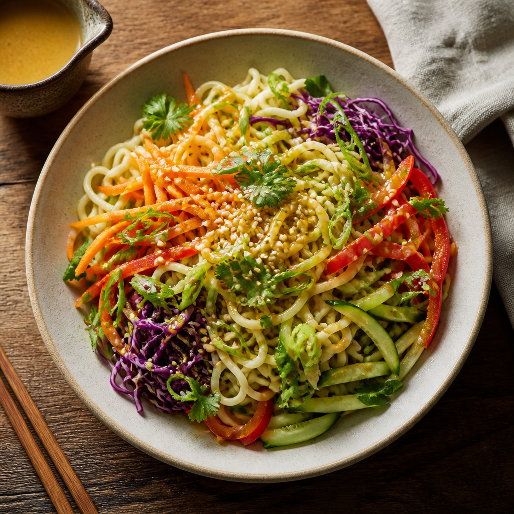 Cold Ramen With Ginger Miso Vinaigrette — Japanese-inspired Dinner served and photographed from above