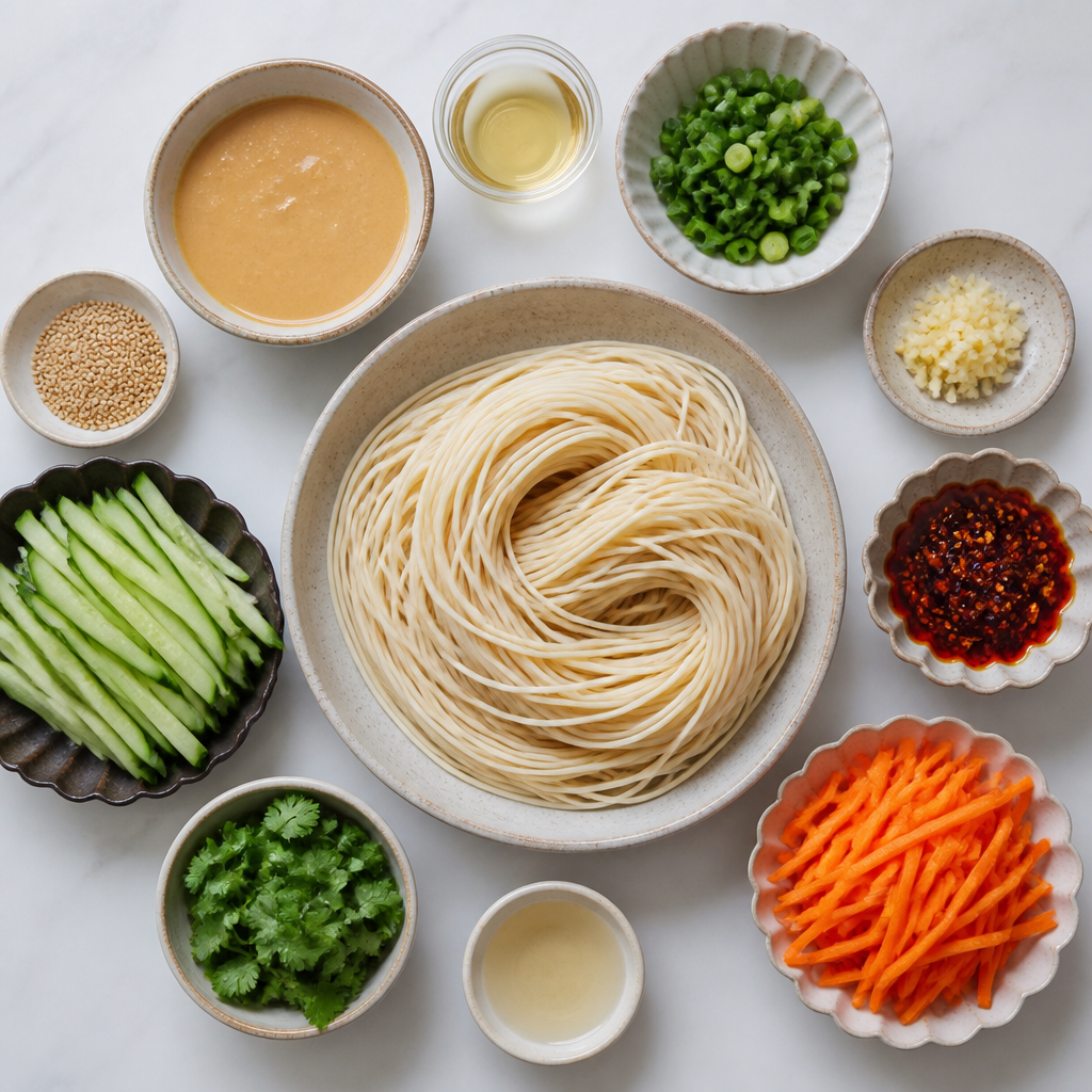 Overhead flat-lay of all ingredients for Cold Tahini Noodles With Chili Crunch laid out on a kitchen surface.