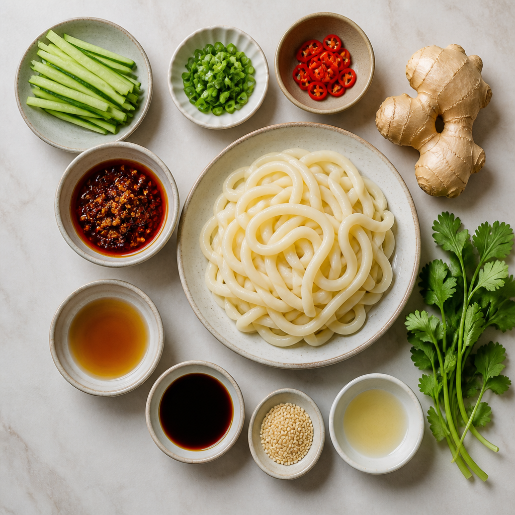Overhead flat-lay of all ingredients for Cold Udon Noodles With Ginger Chili Crisp laid out on a kitchen surface.