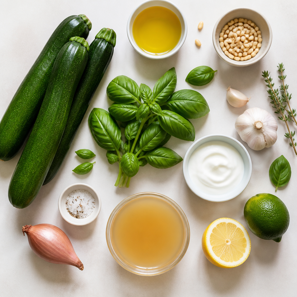 Overhead flat-lay of all ingredients for Cold Zucchini Soup With Basil Oil laid out on a kitchen surface.