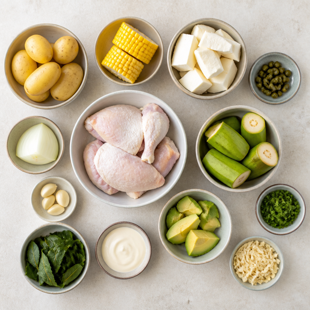Overhead flat-lay of all ingredients for Colombian Ajiaco Recipe with Chicken and Guascas laid out on a kitchen surface.