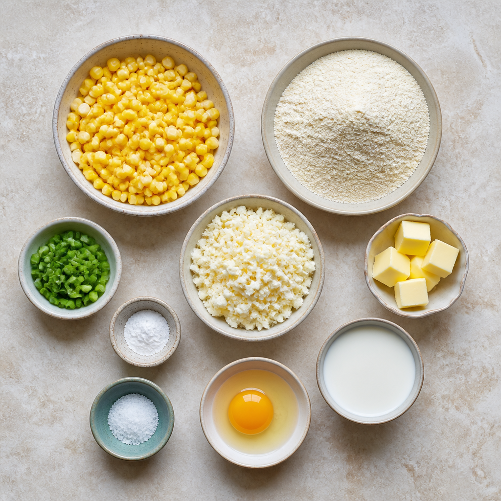 Overhead flat-lay of all ingredients for Colombian Arepas de Choclo with Sweet Corn and Cheese laid out on a kitchen surface.
