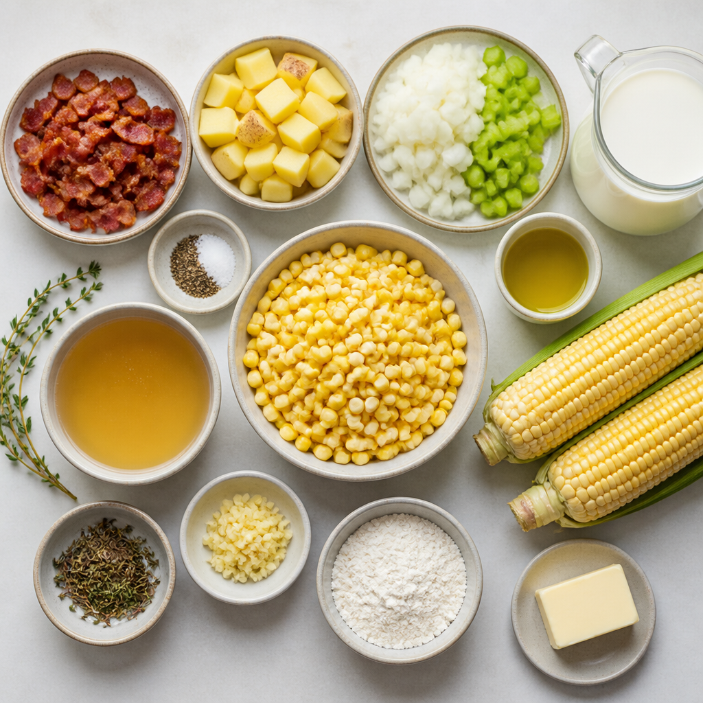 Overhead flat-lay of all ingredients for Corn Chowder With Crispy Smoked Bacon laid out on a kitchen surface.
