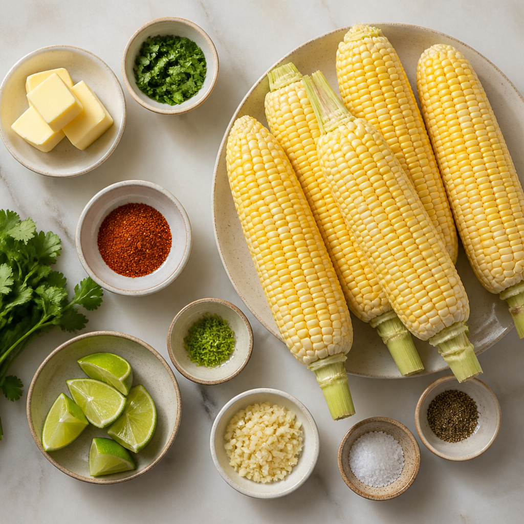 Overhead flat-lay of all ingredients for Corn On The Cob With Chili Lime Butter laid out on a kitchen surface.