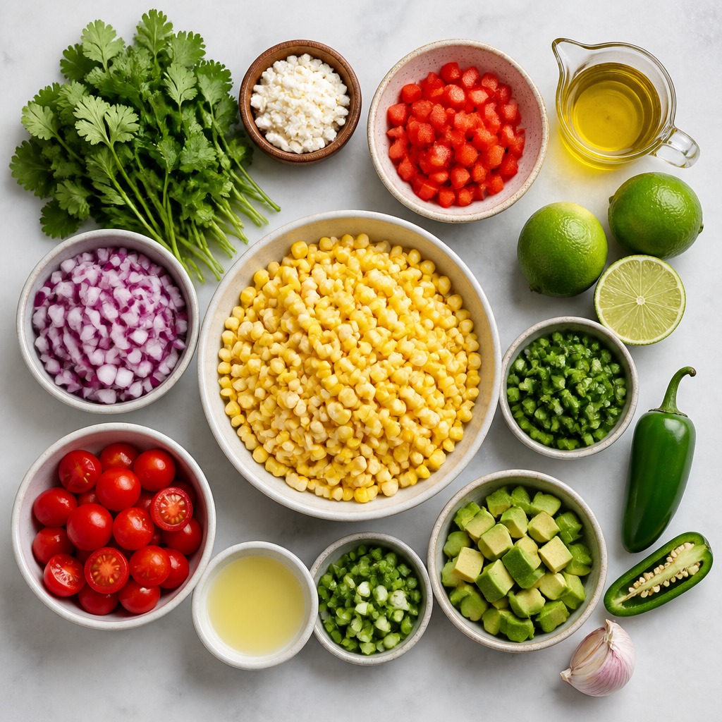 Overhead flat-lay of all ingredients for Corn Salad With Jalapeno Lime Dressing laid out on a kitchen surface.