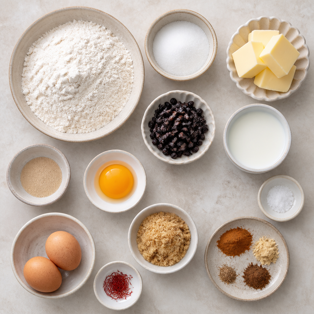 Overhead flat-lay of all ingredients for Cornish Saffron Buns with Currants and Warming Spices laid out on a kitchen surface.