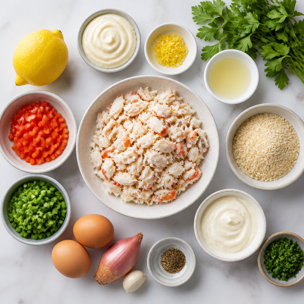 Overhead flat-lay of all ingredients for Crab Cake With Zesty Lemon Aioli laid out on a kitchen surface.