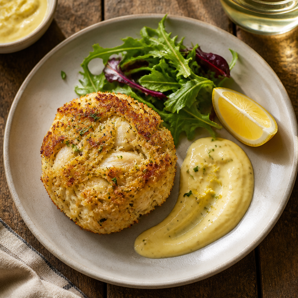 Crab Cake With Zesty Lemon Aioli — American Dinner served and photographed from above
