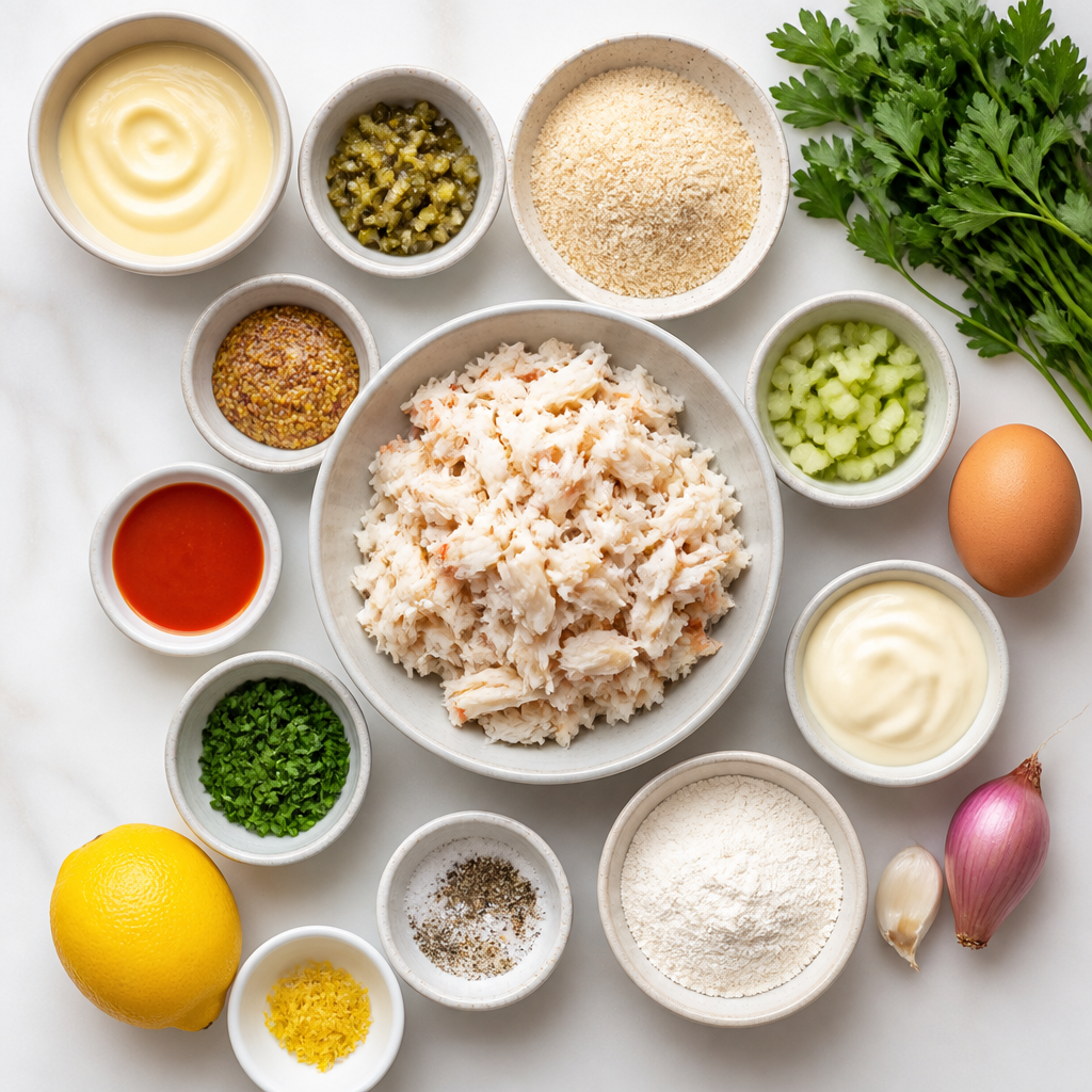 Overhead flat-lay of all ingredients for Crab Cakes With Zesty Remoulade laid out on a kitchen surface.