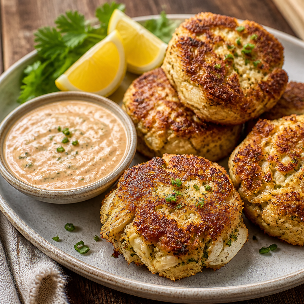 Crab Cakes With Zesty Remoulade — American Appetizers served and photographed from above