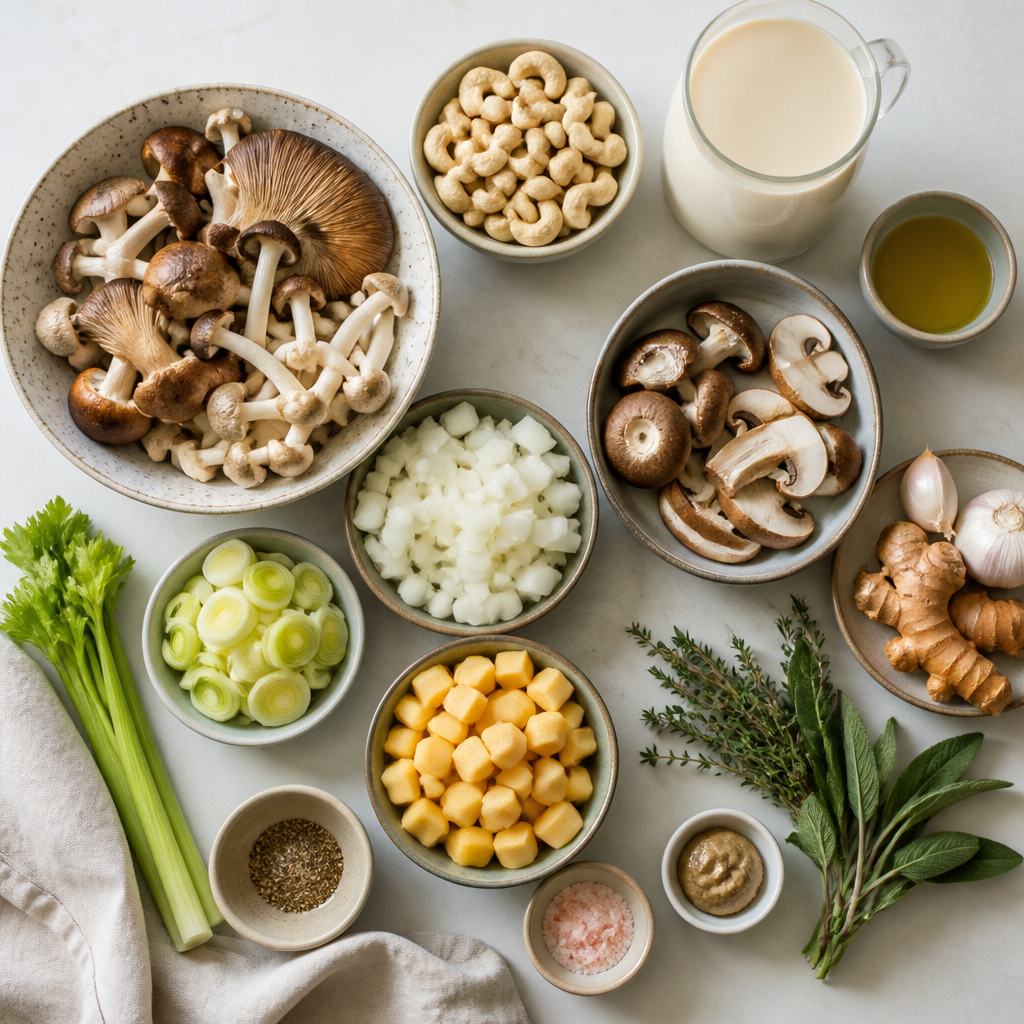 Overhead flat-lay of all ingredients for Creamy Golden Cashew and Wild Mushroom Pottage laid out on a kitchen surface.