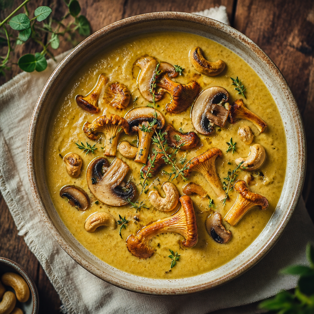 Creamy Golden Cashew and Wild Mushroom Pottage — Modern European Dinner served and photographed from above