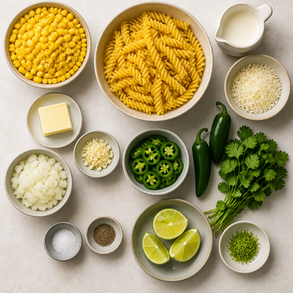Overhead flat-lay of all ingredients for Creamy Jalapeño Corn Pasta with Lime laid out on a kitchen surface.