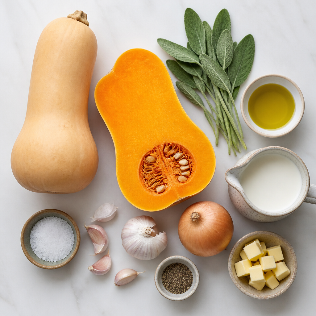 Overhead flat-lay of all ingredients for Creamy Roasted Butternut Squash and Sage Soup laid out on a kitchen surface.