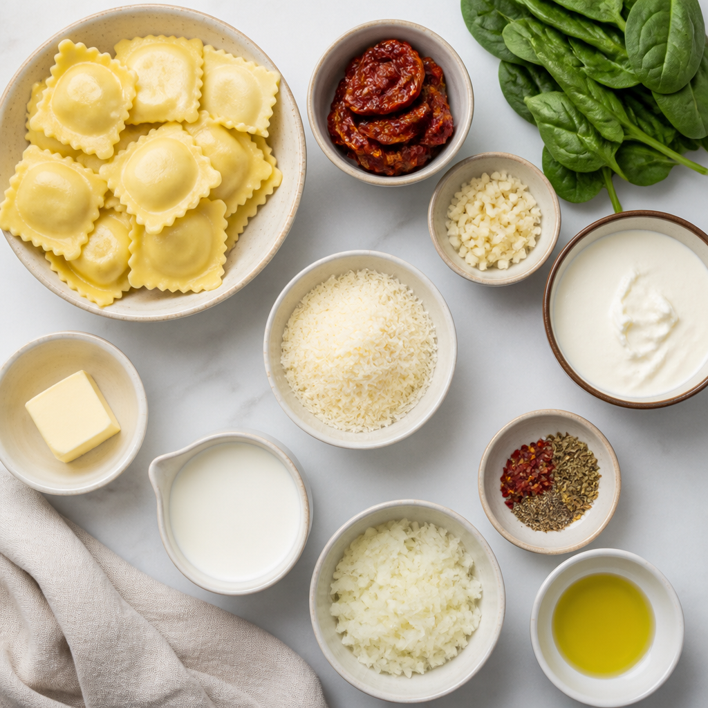 Overhead flat-lay of all ingredients for Creamy Tuscan Ravioli with Sun-Dried Tomatoes laid out on a kitchen surface.