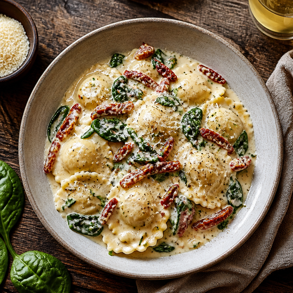 Creamy Tuscan Ravioli with Sun-Dried Tomatoes