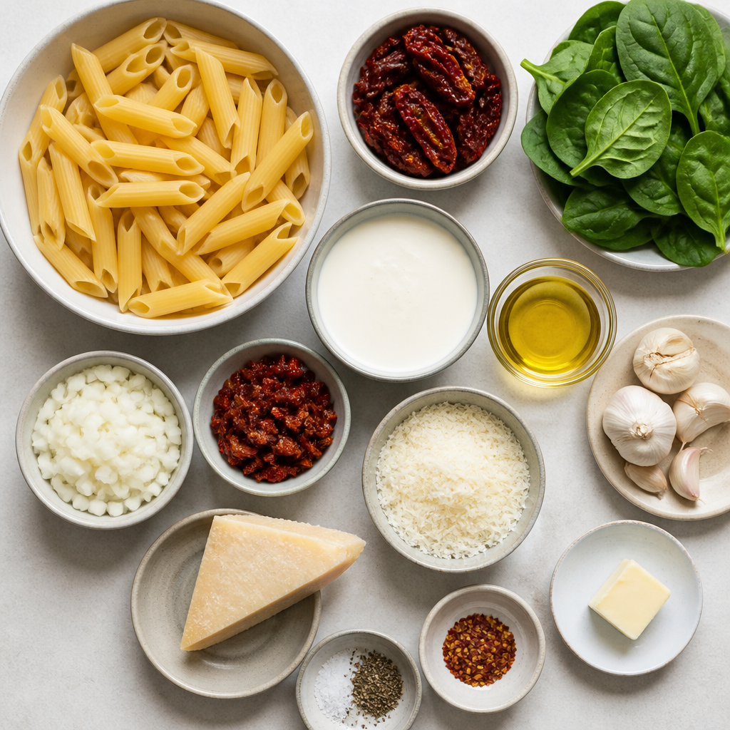 Overhead flat-lay of all ingredients for Creamy Tuscan Sun-Dried Tomato Pasta laid out on a kitchen surface.