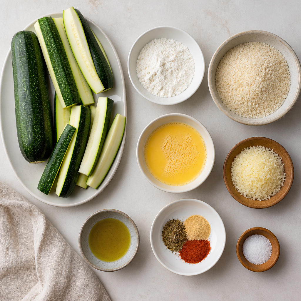 Overhead flat-lay of all ingredients for Crispy Air Fryer Zucchini Fries laid out on a kitchen surface.